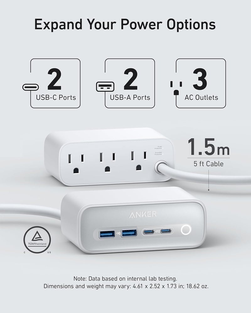 Anker 525 Charging Station, 7-in-1 USB C Power Strip for iphone13/14, 5ft Extension Cord with 3AC,2USB A,2USB C,Max 65W Power Delivery Desktop Accessory for MacBook Pro, Home, Office (Aurora White) - Image 2